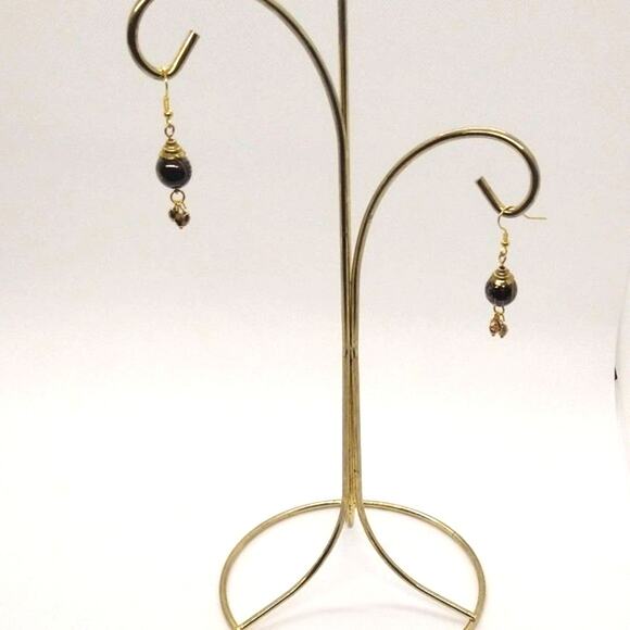 Black Gold Drop Earrings Hypoallergenic Fishhook Ear Wires Gold Tone Handmade - Picture 2 of 3